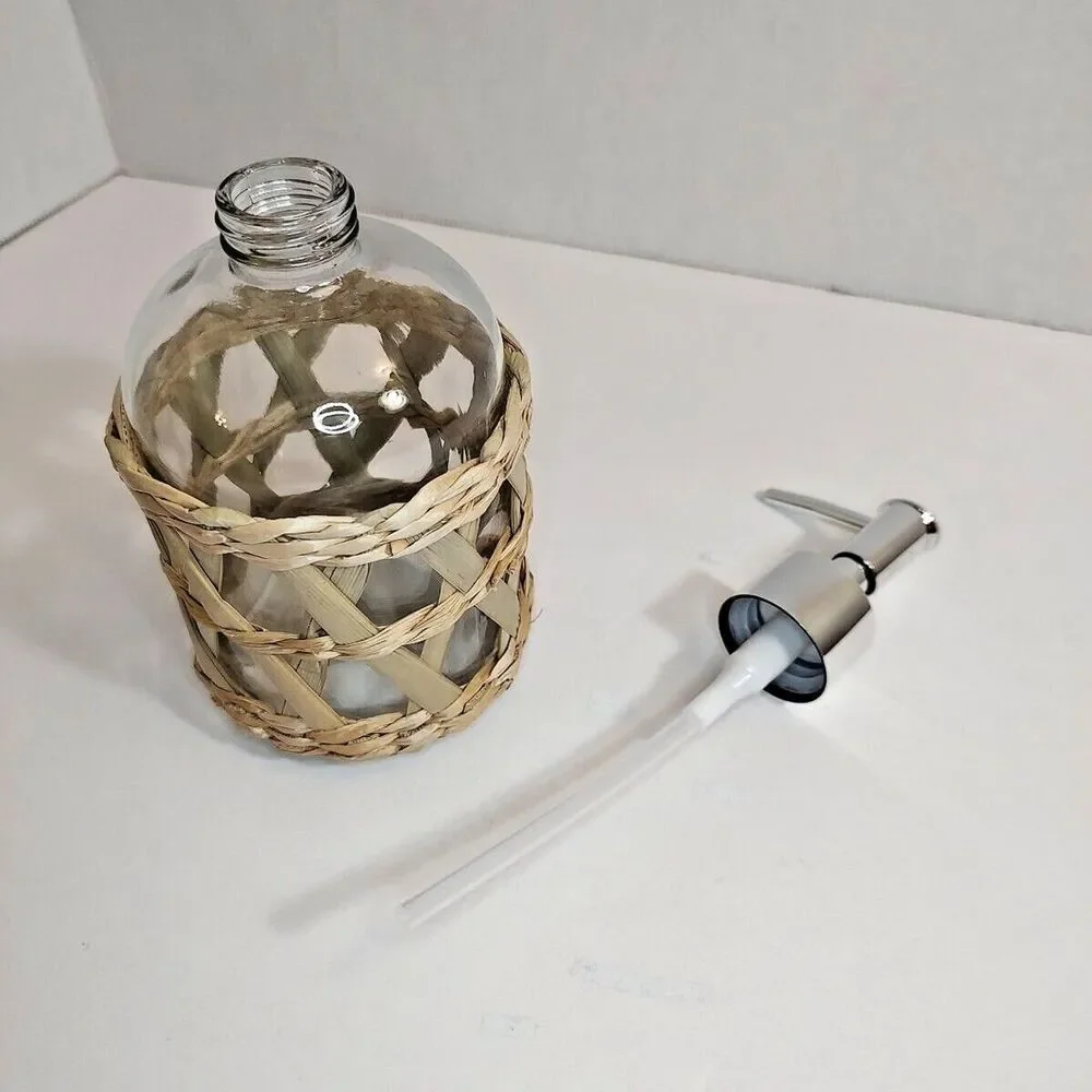 Clear Decorative Glass Silver Plastic Soap Dispenser Removable Woven Tan Raffia